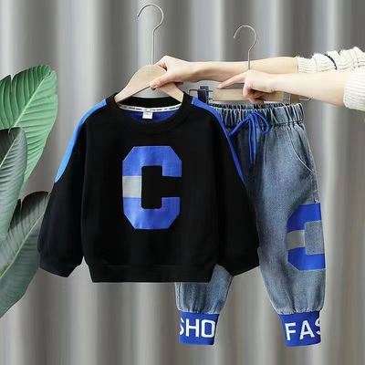 Age 0-14 Primary Children'S Clothing Pure Cotton Hoodie And Denim Pants Machine Washable